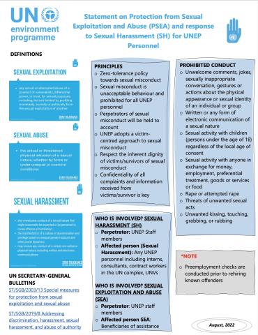 Cover -Statement on Protection from Sexual Exploitation and Abuse (PSEA) and response to Sexual Harassment (SH) for UNEP Personnel