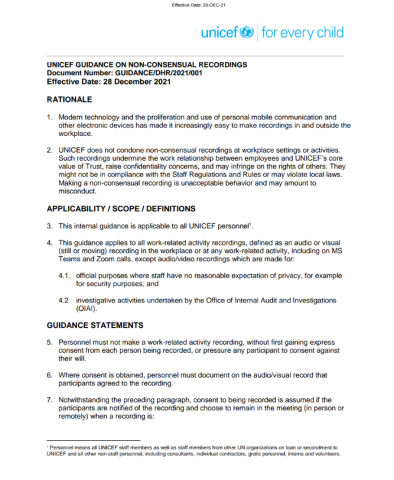 UNICEF GUIDANCE ON NON-CONSENSUAL RECORDINGS 