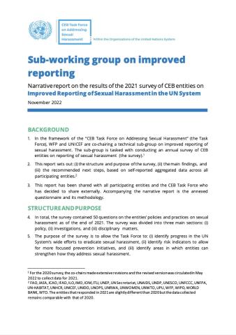 Cover - Narrative report on the results of the 2021 survey of CEB entities on Improved Reporting of Sexual Harassment in the UN System