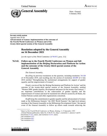 Cover -Follow-up to the Fourth World Conference on Women and full implementation of the Beijing Declaration and Platform for Action and the outcome of the twenty-third special session of the General Assembly