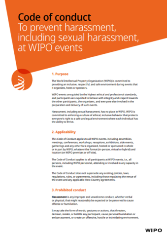 Borchure outlining the purpose, applicability and prohibited behavior under WIPO's Code of Conduct to prevent harassment, including sexual harassment, at WIPO events