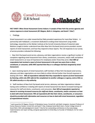 Cover - Factsheet: When Street Harassment Comes Indoors: A sample of New York City service agencies and unions response to street harassment