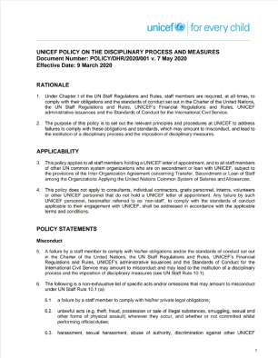 UNICEF POLICY ON THE DISCIPLINARY PROCESS AND MEASURE