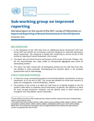 Cover - Narrative report on the results of the 2021 survey of CEB entities on Improved Reporting of Sexual Harassment in the UN System